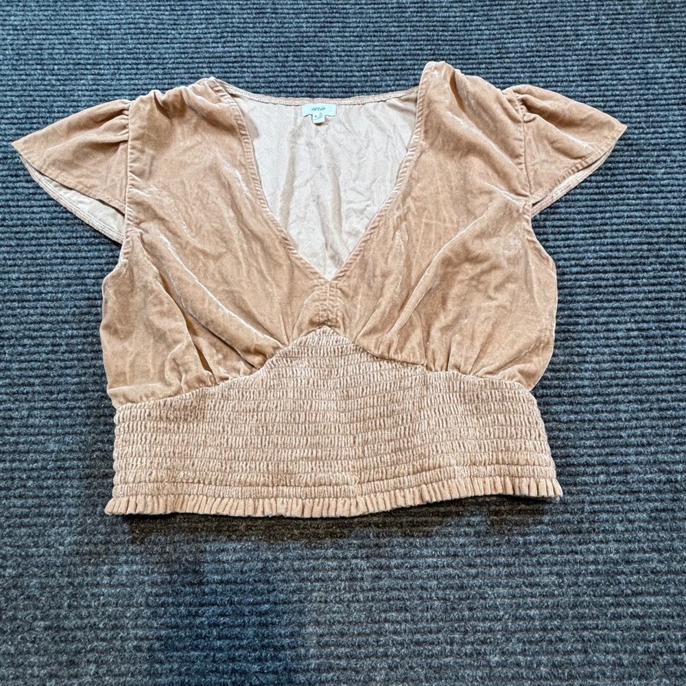 Aerie Tan Velvet V-Neck Smocked Waist Flutter Sleeve Crop Top Womens Medium